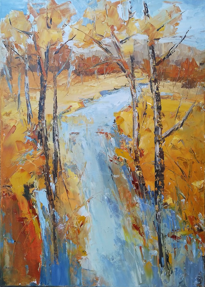 INDIAN SUMMER, 50x70cm, autumn forest river landscape by Emilia Milcheva