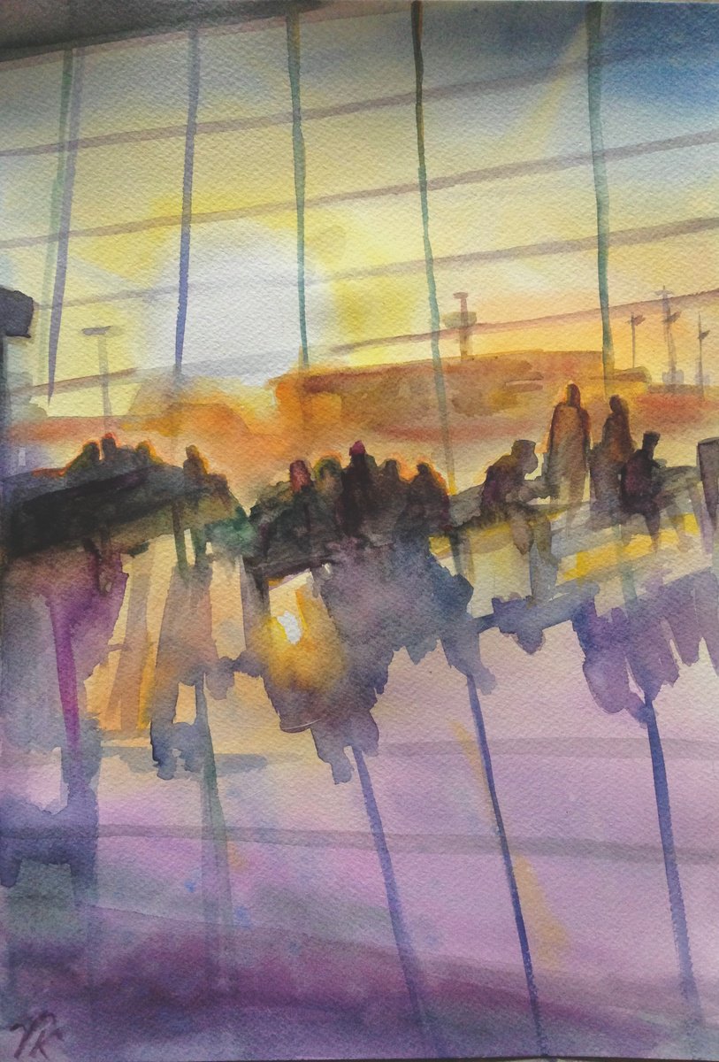 Impressionistic Cityscapes Watercolour By Vera Klimova, 12 X 16", Before The Flight, Original Artwork