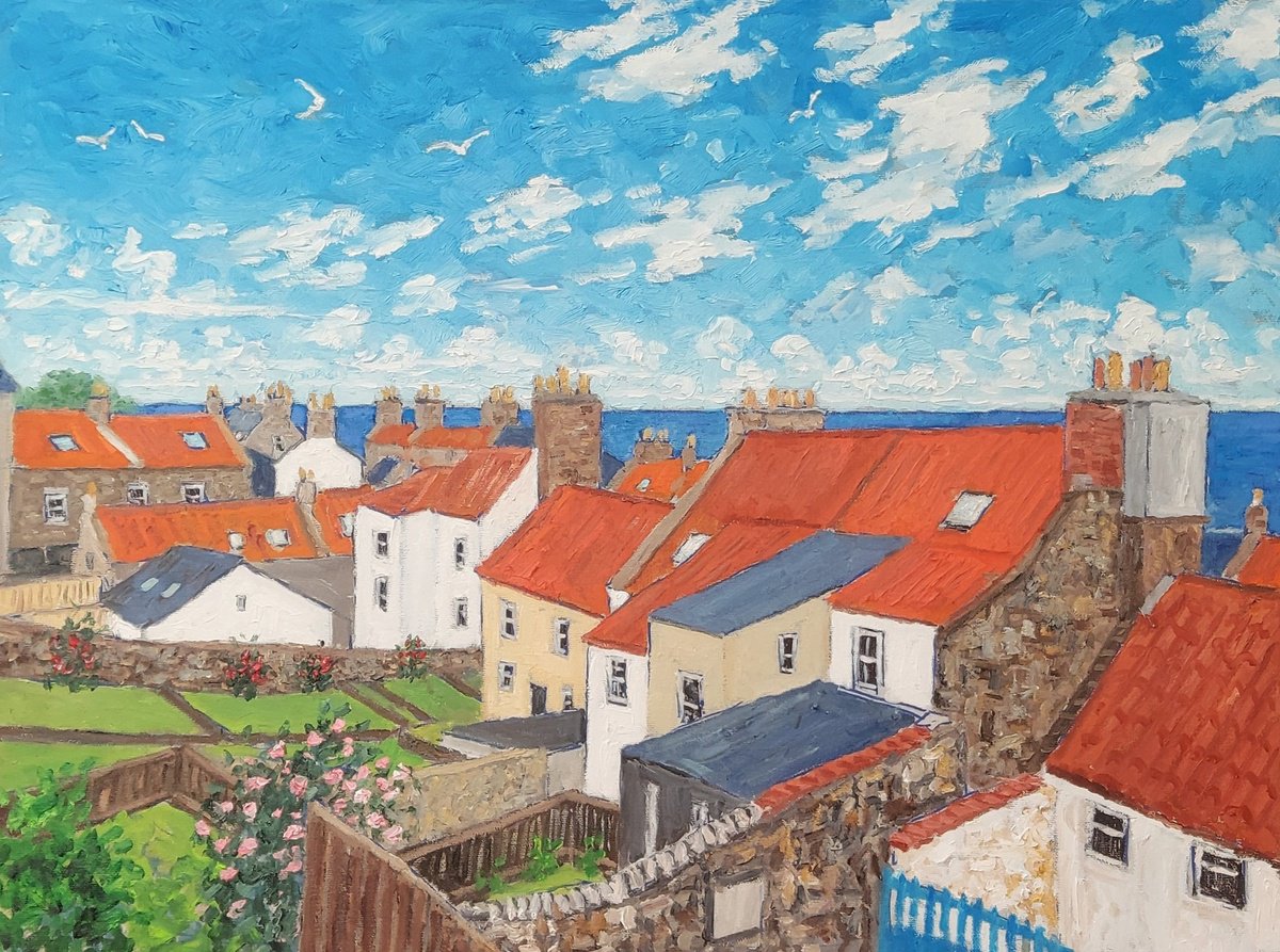 Cityscapes Oil Painting By Colin Ross Jack, 32 X 24, Cellardyke Rooftops #1, Original Artwork