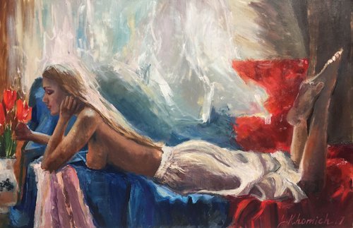 Naked Model Oil painting, Relax Minutes Nude Model Modern Painting 120X80cm by Leo Khomich