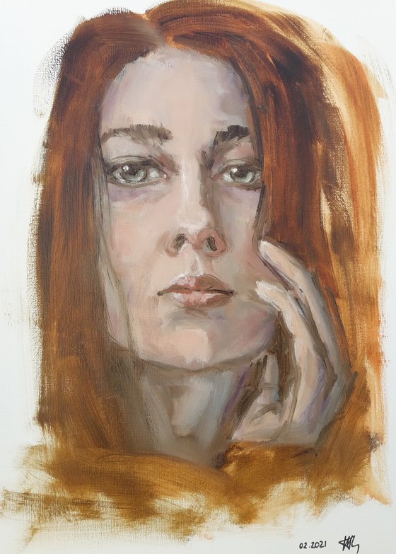 Waiting. Woman portrait. Etude style. 38 x 27 cm/ 15 x 10.6 in