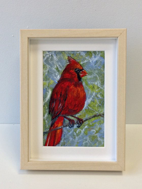 Bird oil painting - Red cardinal small canvas in frame - Christmas gift idea for bird lover