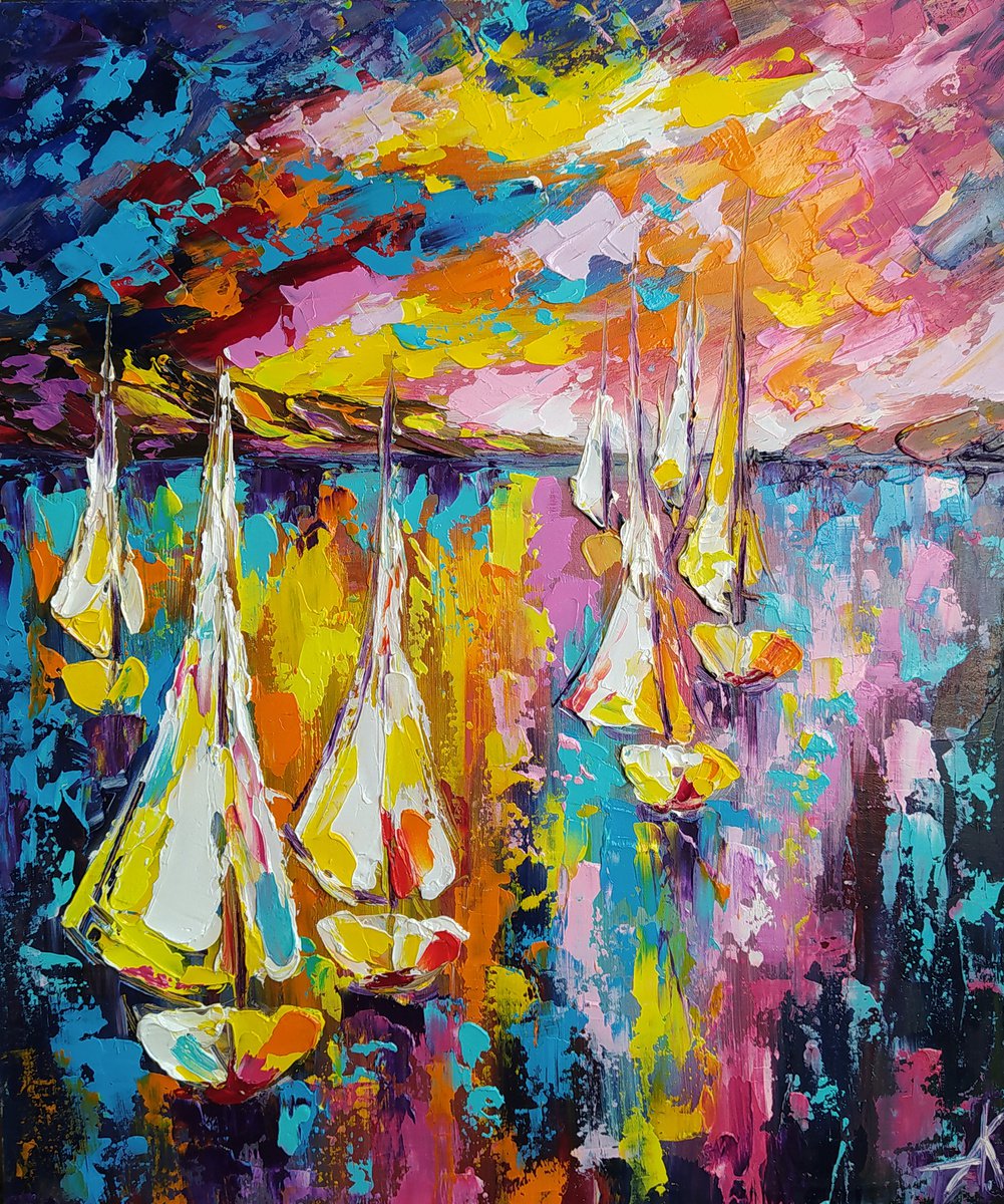 ?olored sea - yacht, oil painting, yacht club, sea with yachts, yacht original painting, s... by Anastasia Kozorez