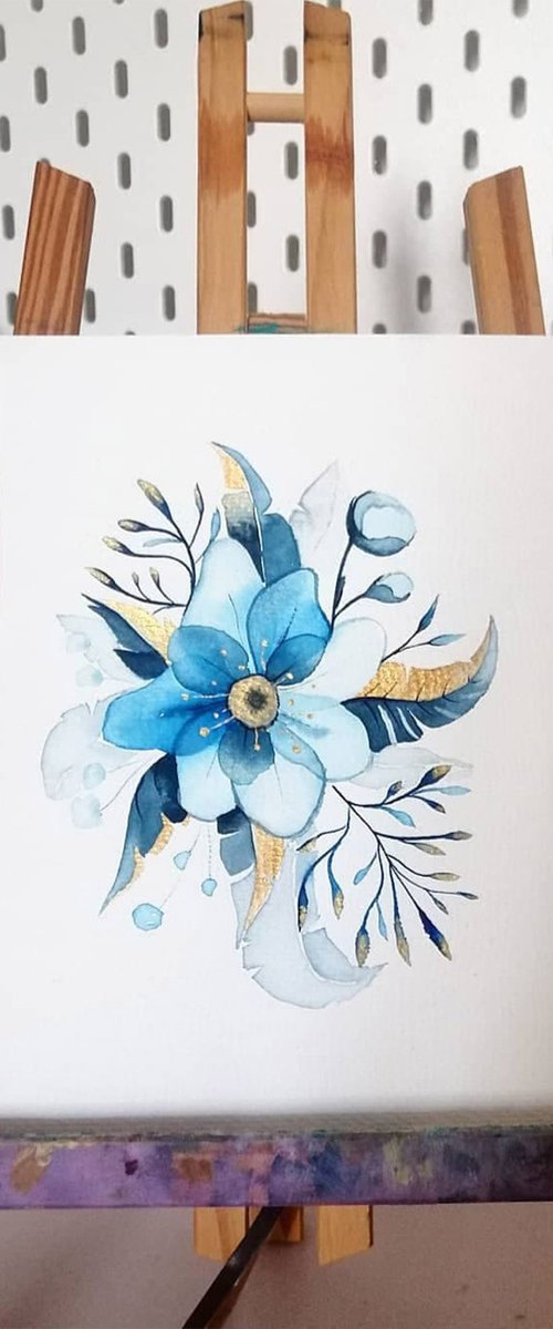 Blue and Gold Floral illustration by Anamaria