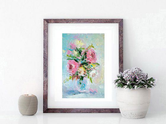 Roses Painting Original Art Floral Oil Painting Flower Bouquet Artwork Small Wall Art