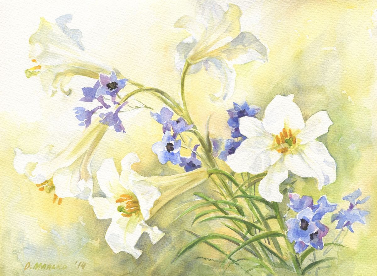 White lilies and blue delphinium / Floral watercolor Summer garden flowers by Olha Malko