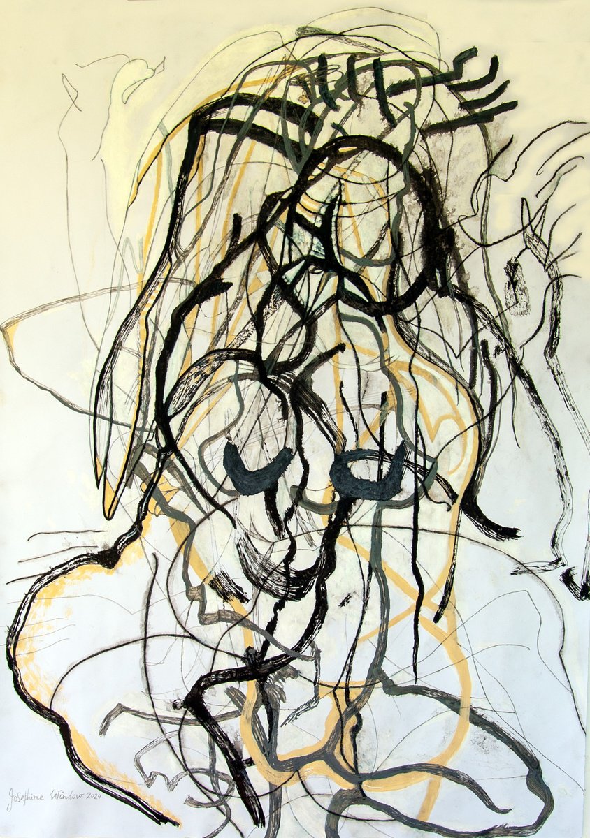 Organic Abstract Ink Drawing By Josephine Window, 23 X 33", Ink Brush Drawing 11, Original Artwork