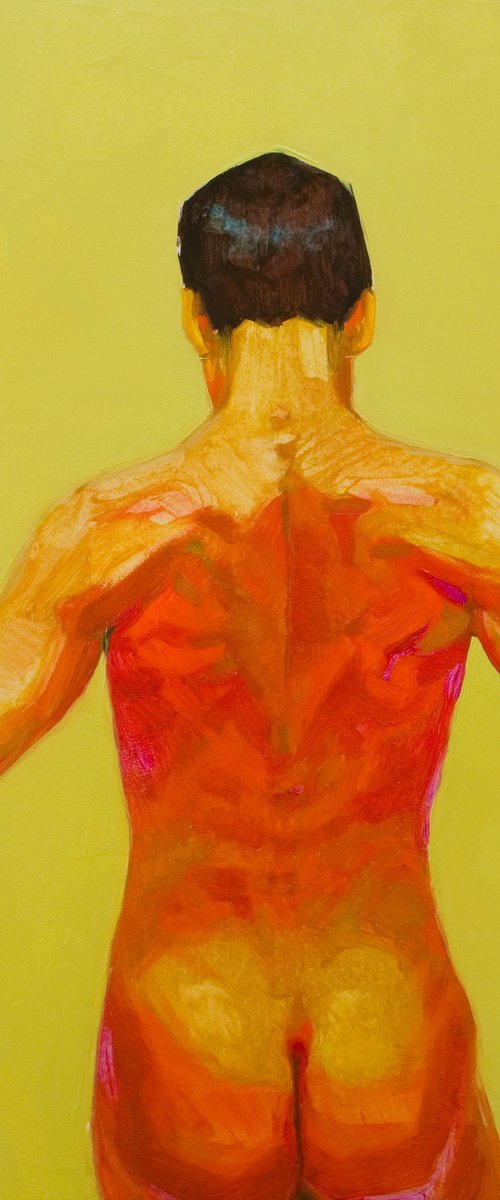 modern pop art nude portrait of a man in green yellow and red by Olivier Payeur