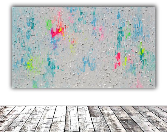 Tranquil - XXL 140x80x4 cm FREE SHIPPING Big Painting,  Large Abstract Painting - Ready to Hang, Canvas Wall Decoration Light Turquoise Blue, Palette Knife Relief Painting