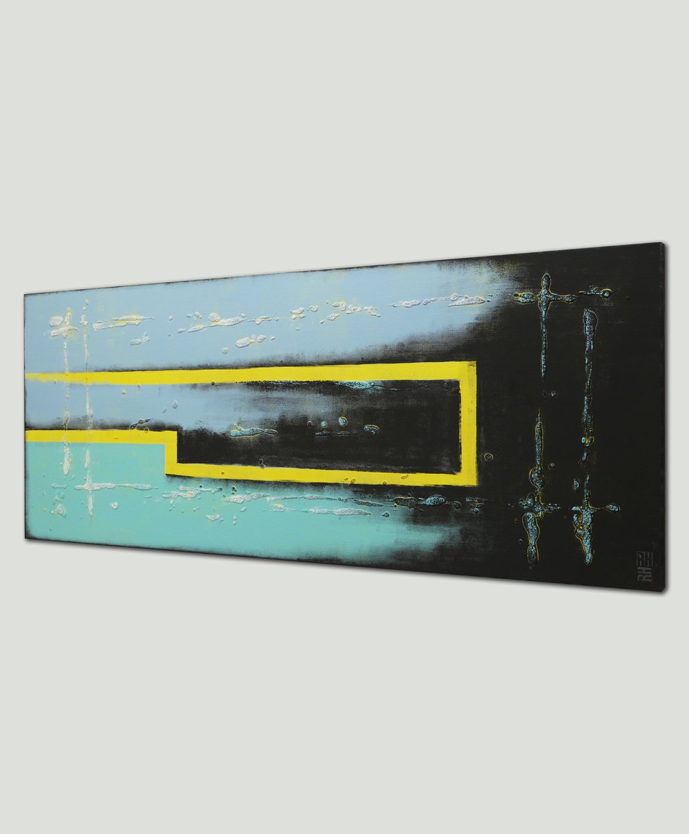 Abstract Acrylic Painting By Ronald Hunter, 59 X 24", Yellow City Square, Original Artwork