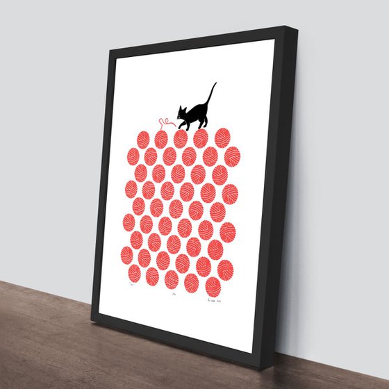 Cat in Cherry Red - Unframed - FREE Worldwide Delivery