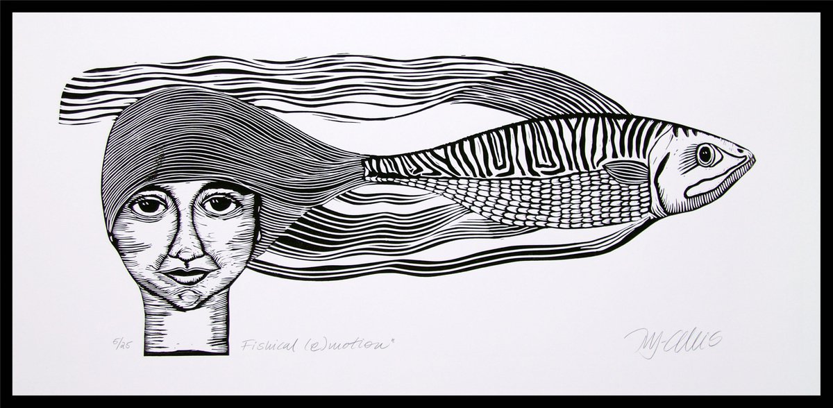 Fishical (e)motion, black and white linocut by Mariann Johansen-Ellis