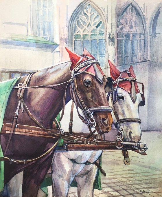 Vienna Horse cart. Old city paintings. Original watercolor painting - Gift for her - Gift for him - Ideas for gift