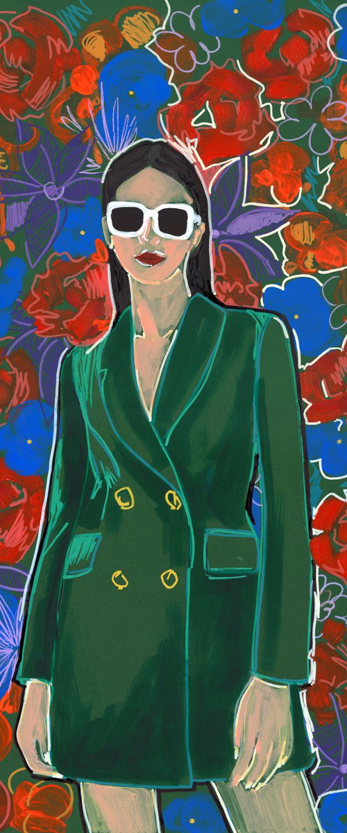 FLORAL GIRL ON GREEN BACKGROUND by Sasha Robinson