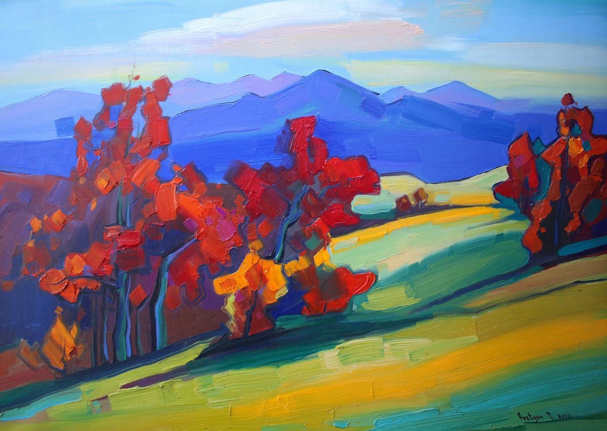 Impressionistic Landscape Oil Painting By Tigran Avetyan, 28 X 20", Autumn Landscape, Original Artwork