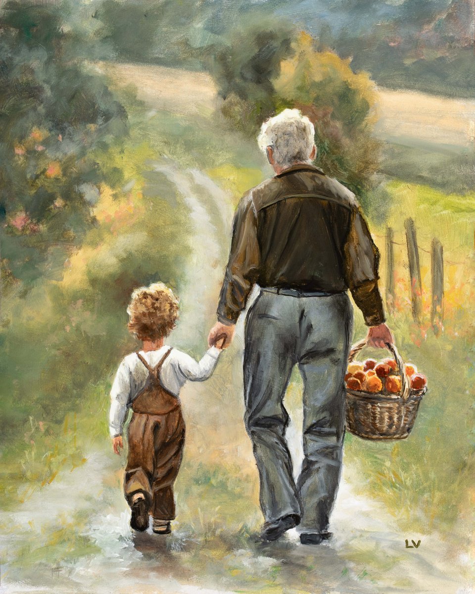 Photorealistic Portrait Oil Painting By Lucia Verdejo, 9 X 11", Grandfather And Grandson, Original Artwork
