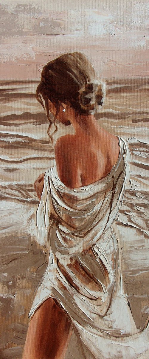 " GIRL WITH A PEARL ... "  SUN SKY SEA SAND liGHt  ORIGINAL OIL PAINTING, GIFT, PALETTE KNIFE by Monika Luniak