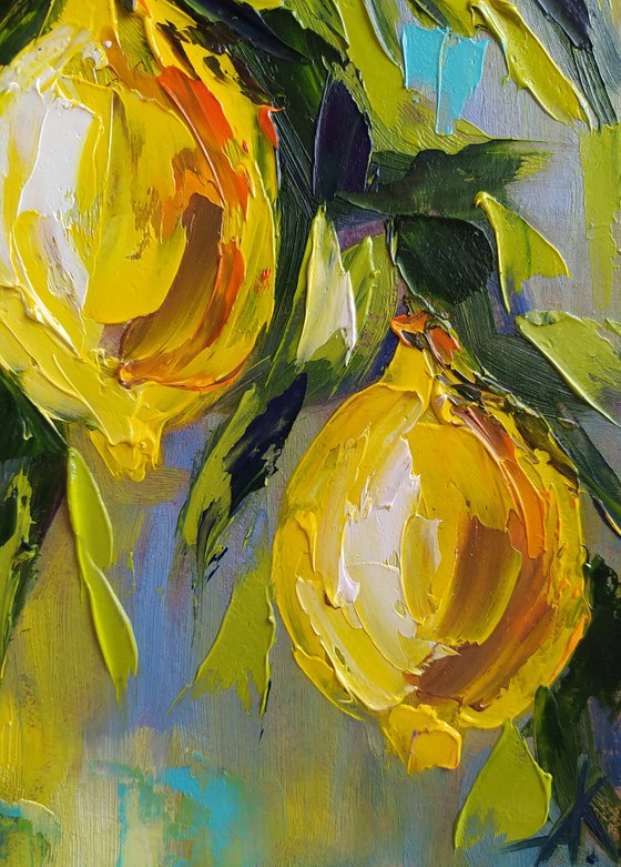 In lemon tones - lemon, oil painting, lemons oil painting, lemons on the tree, nature