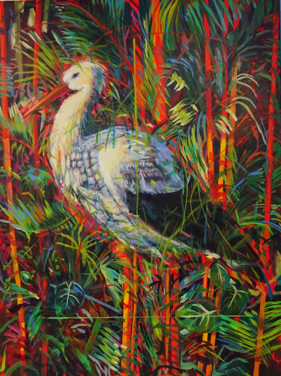 Impressionistic Animal Oil Painting By Amaya Fernandez Fariza, 38 X 51, The Stork In The Jungle, Original Artwork
