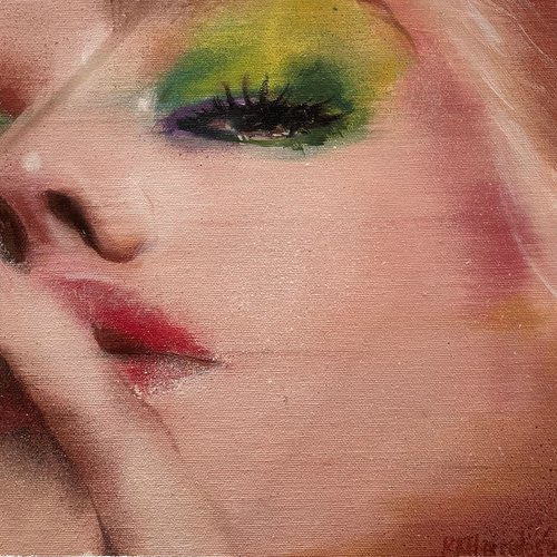 sarila - beauty oil painting of pretty blonde women female on canvas with blue green pink makeup contemporary portrait lady by Renske Karlien Hercules