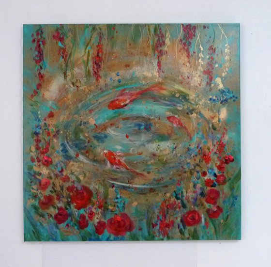 Koi fish in a flowering pond. Aquatic round 70 x 70 cm.