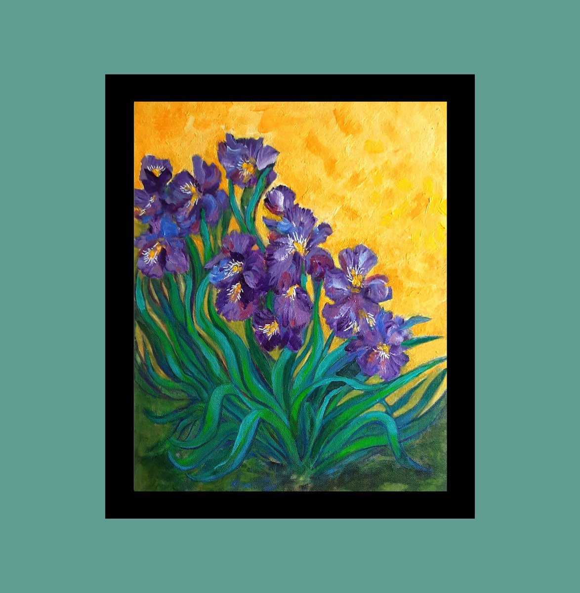 Expressive Botanical Acrylic Painting By Asha Shenoy, 12 X 16, Purple Irises Of Van Gogh, Original Artwork