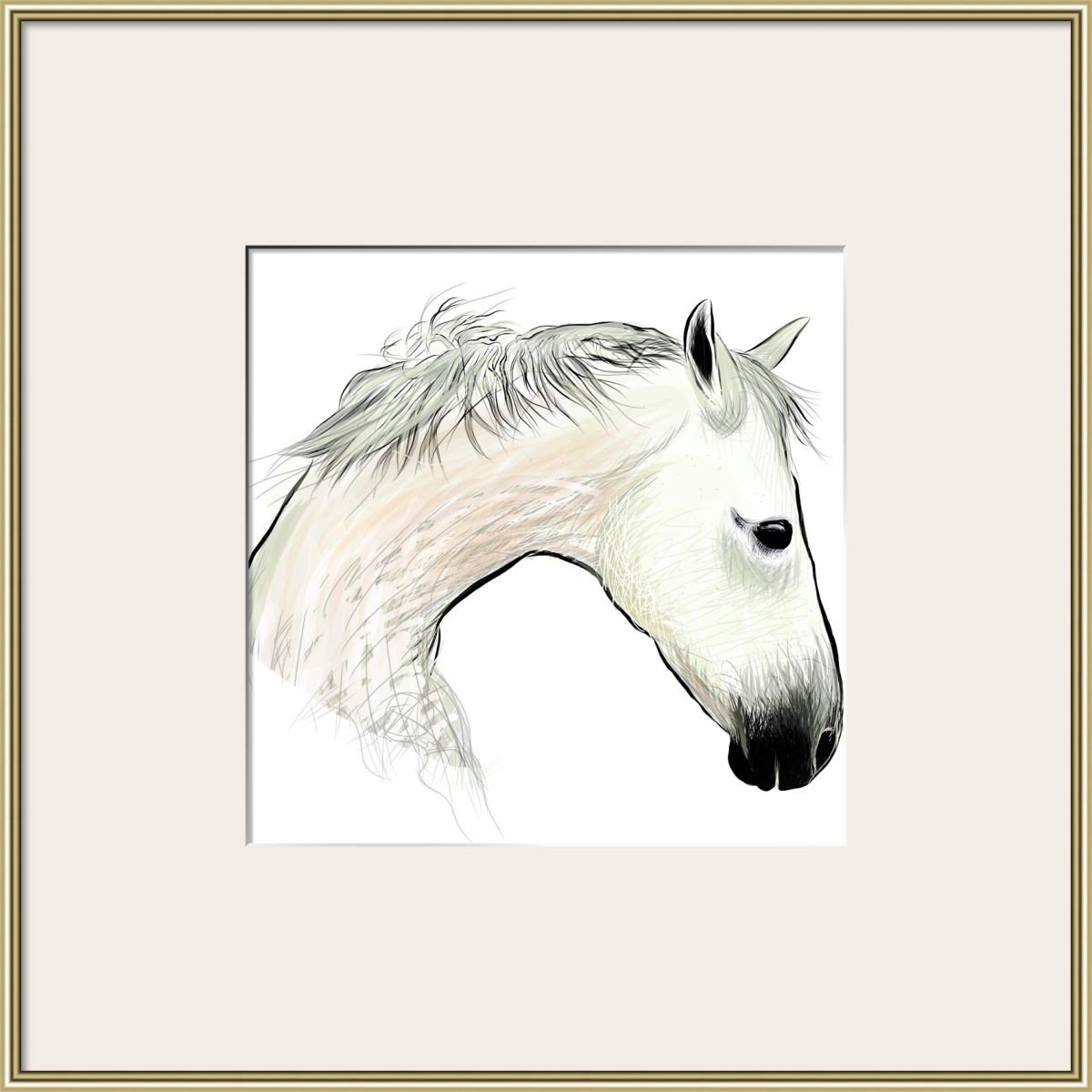 Illustrative Animal Print By Shabs Beigh, 20 X 20", White Horse, Original Artwork