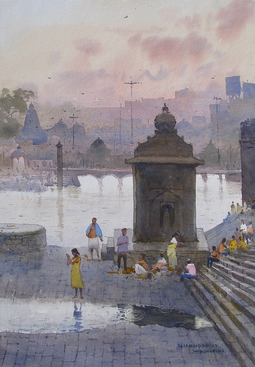 Impressionistic Landscape Watercolour By Bhargavkumar Kulkarni, 12 X 17, Morning Prayer At Riverside, Original Artwork