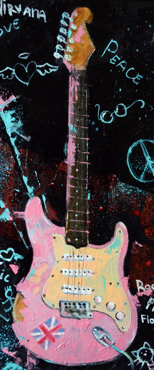 pink guitar on a black background, grunge style by Alexandra Sergeeva