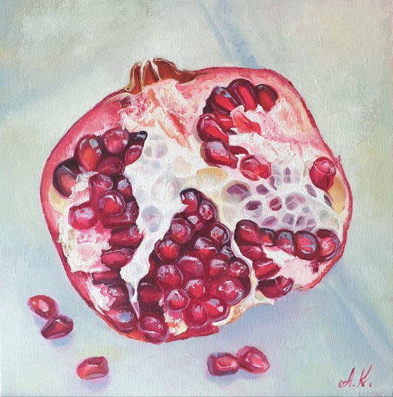 "Ripe pomegranate."  pomegranate still life  liGHt original painting  GIFT (2021)