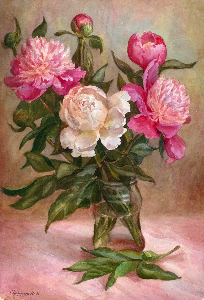 Photorealistic Still Life Watercolour By Yulia Krasnov, 15 X 22", Peonies, Original Artwork