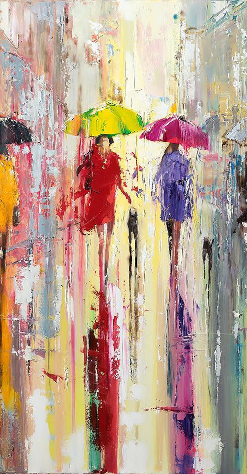 'OUT IN THE RAIN' OIL PAINTING READY TO HANG by Ewa Czarniecka