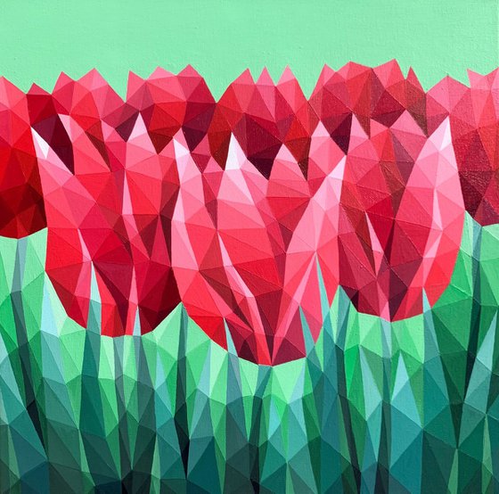 SCARLET TULIPS ON GREEN