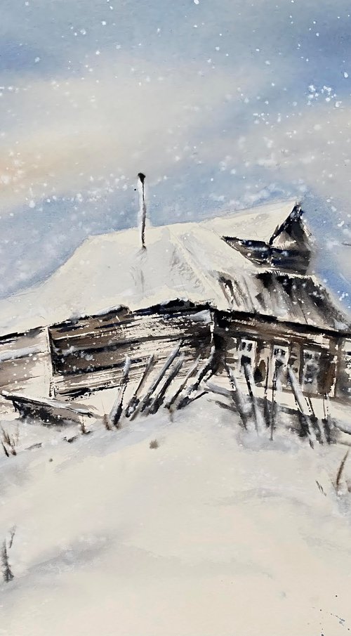 Winter in abandoned village, watercolour by Natalia Butenko