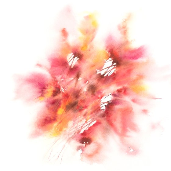 Abstract orange flowers, loose flowers watercolor painting, small wall art Light