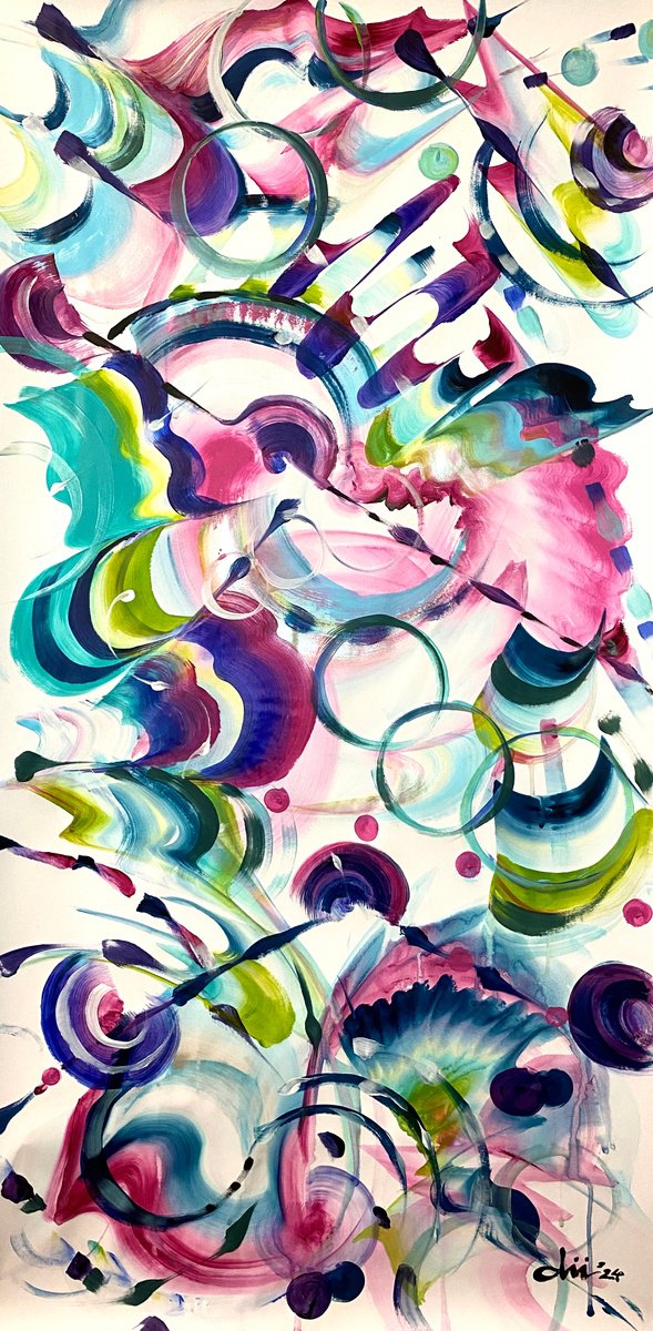 Organic Abstract Acrylic Painting By Daichi Matsusaki, 20 X 39, Color Dance 1-7-24, Original Artwork