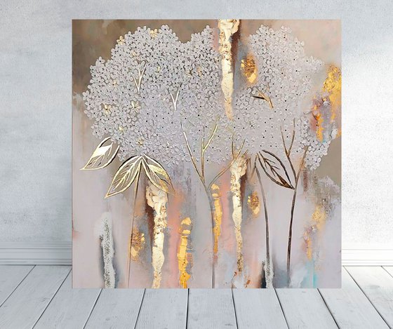 Silver floral abstract painting, Gold Leaf Canvas art