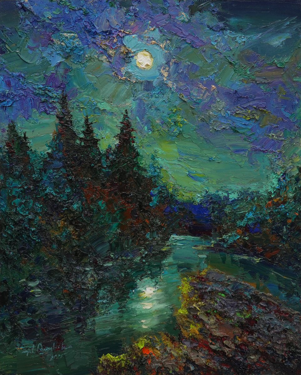 Impressionistic Landscape Oil Painting By Alisa Onipchenko-Cherniakovska, 16 X 20, New Night, Original Artwork