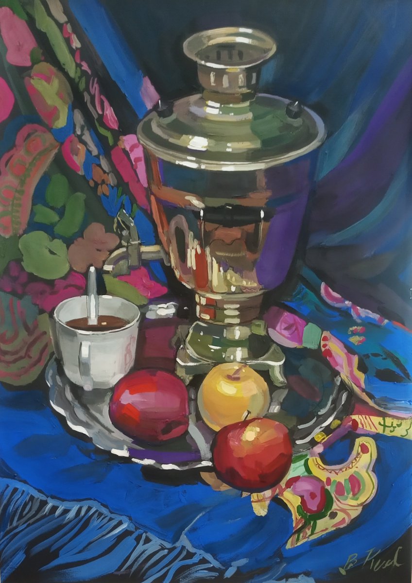 Impressionistic Still Life Painting By Valentina Kachina, 20 X 28", Still Life With Samovar, Original Artwork