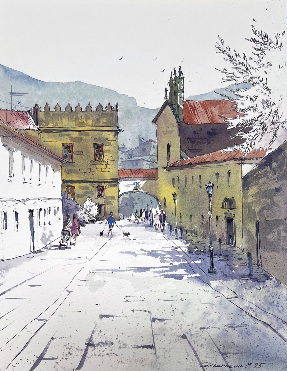 Impressionistic Cityscapes Watercolour By Eugenia Gorbacheva, 9 X 12, Streets Of Galicia, Spain, Original Artwork