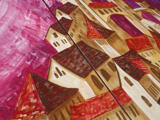 surrealistic Purple Old town in Italy 100x180x2 cm S048 Dolche Acqua palette knife Large paintings decor original big art ready to hang painting acrylic on stretched canvas glossy wall art