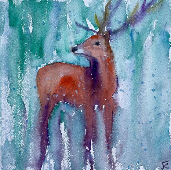 Christmas Deer Watercolor Painting, Snowy Original Artwork, Winter Wall Art, Cozy Hygge Home Decor, Christmas Gifts, Nursery Decor