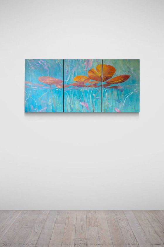 ‘Lilies Surfacing’ Triptych Oil Painting