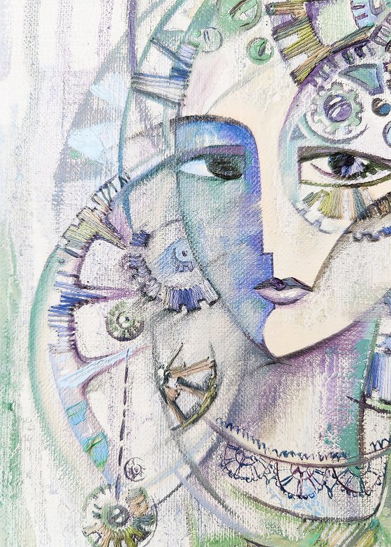 Through the time, steampunk, pale lilac painting with a woman's face and a clockwork, embroidery