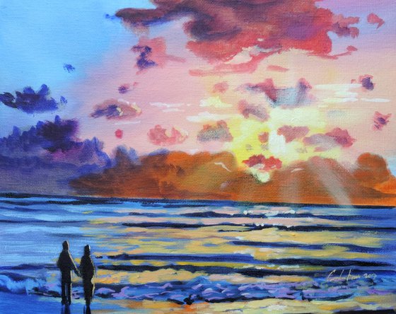 Couple at the beach sunset oil painting