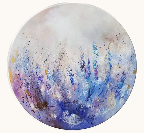Lavender flowers on round canvas, Lilac flowers painting by Annet Loginova