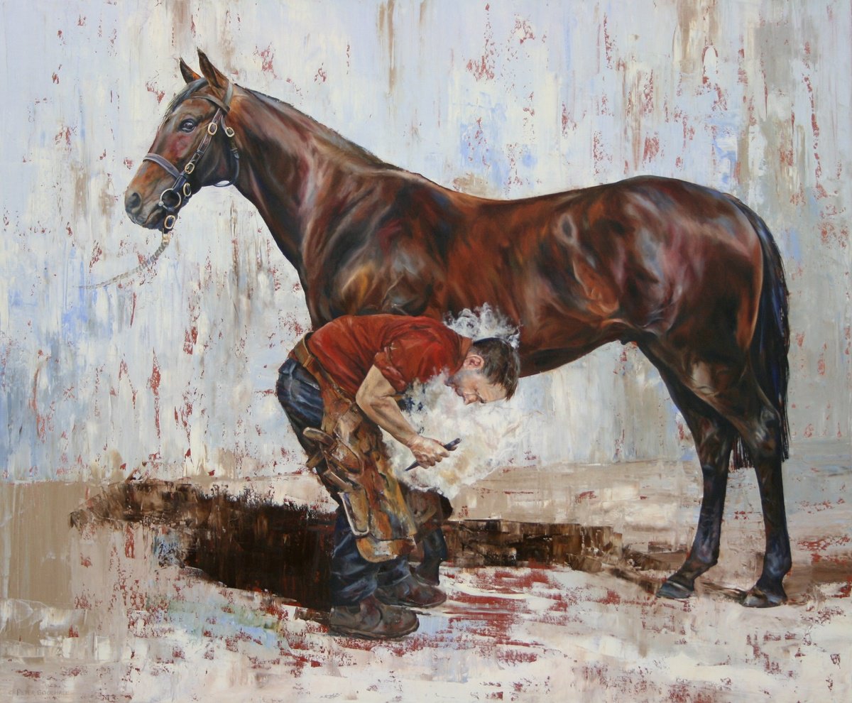 Animal Oil Painting By Peter Goodhall, 45 X 39", The Farrier & The Thoroughbred, Original Artwork