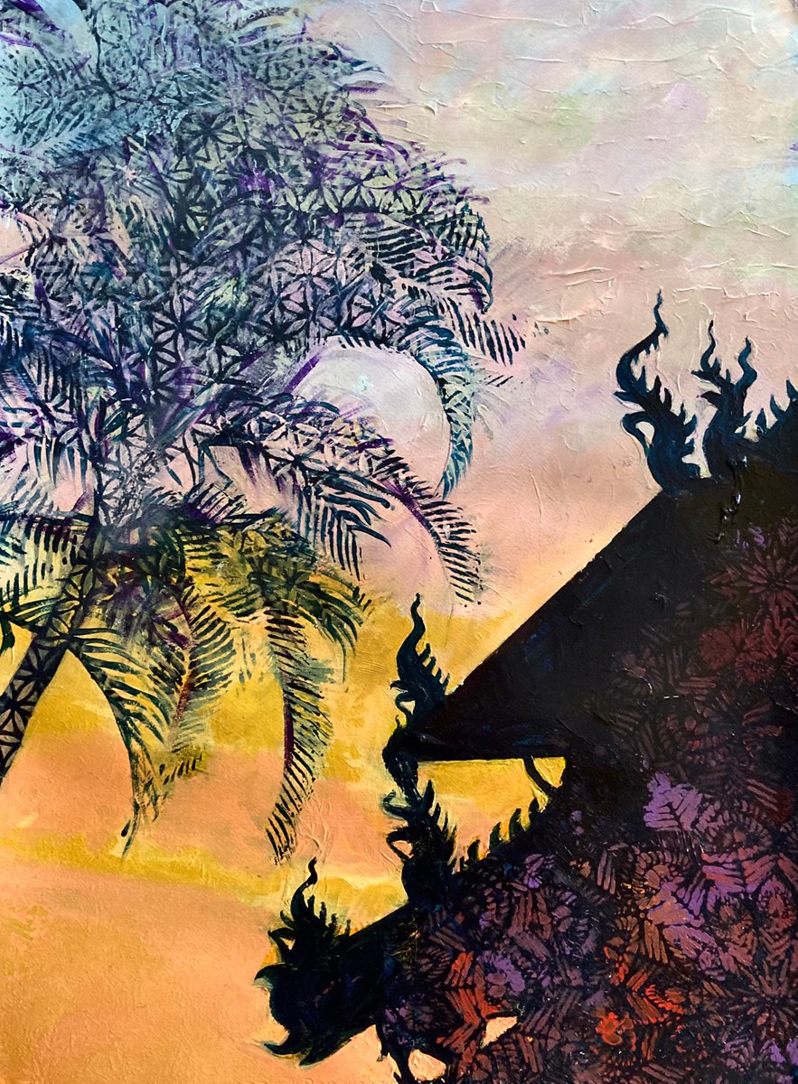 Impressionistic Landscape Acrylic Painting By John Cottee, 22 X 30, Temple Sunset, Original Artwork