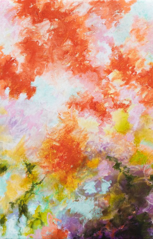The red mimosas, Japanese evocation - energy abstract floral spring blossoms red mauve violet vibrant impressionistic oil painting ready to hang Fauve Nabis color by Fabienne Monestier