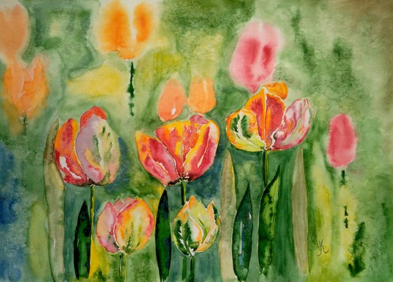 Tulip Painting Floral Original Art Flowers Watercolor Artwork Home Wall Art 17 by 12" by Halyna Kirichenko